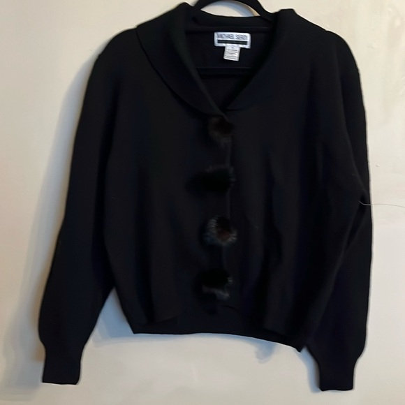 Michael Seroy M Lambswool and Mink Vintage Fur Trim Black Cardigan Sweater - Picture 1 of 12
